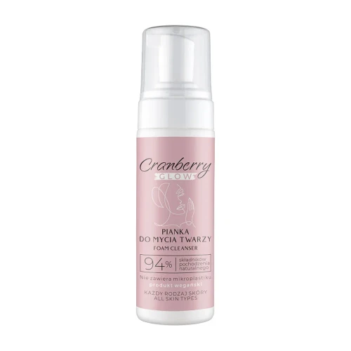 Różowa butelka z pompką pianki do mycia twarzy Cranberry Glow, wegańska formuła z 94% składników pochodzenia naturalnego, dla każdego rodzaju skóry