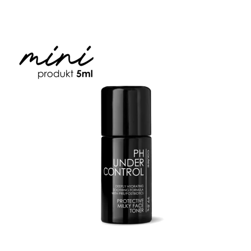 Miniaturowa czarna butelka ochronnego mlecznego toniku Caulee pH Under Control z białym napisem i oznaczeniem 99,8% składników pochodzenia naturalnego