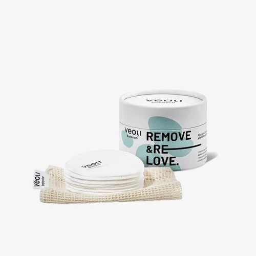Wielorazowe płatki kosmetyczne Veoli Botanica REMOVE &amp; RE-LOVE w ekologicznym opakowaniu z siateczką do prania