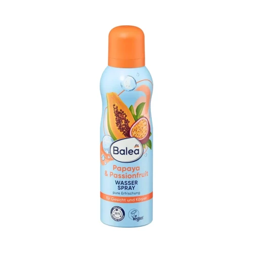 Balea mgiełka do twarzy i ciała papaja i marakuja w błękitnej butelce z pomarańczową zatyczką, 150 ml