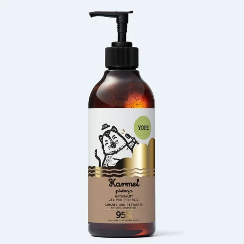 YOPE naturalny żel pod prysznic karmel i pistacja w bursztynowej butelce z pompką, beżowa etykieta, 400 ml