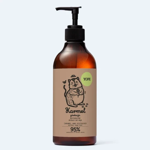 OPE naturalne mydło do rąk karmel i pistacja w bursztynowej butelce z pompką, beżowa etykieta, 500 ml