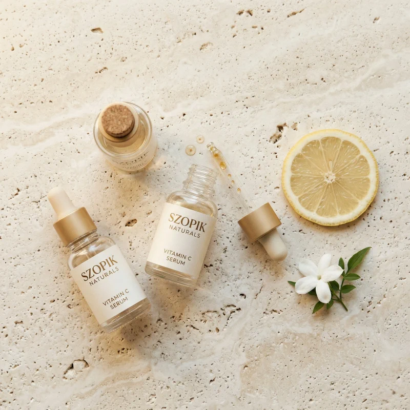 Flat lay z serum na przebarwienia – witamina C, niacynamid, arbutyna